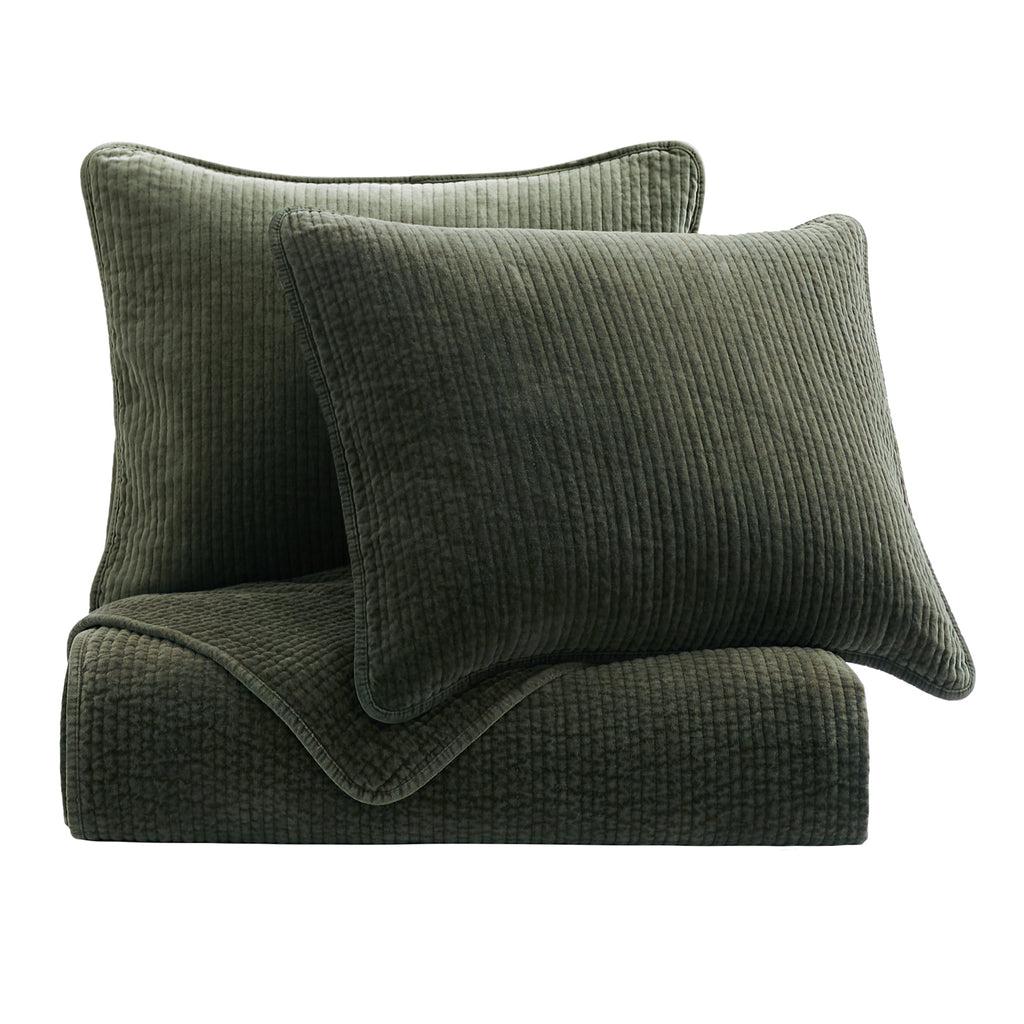 Pair of Stonewashed Fern Green Cotton Velvet Pillow Shams, featuring matching channel quilting and soft velvet fabric.