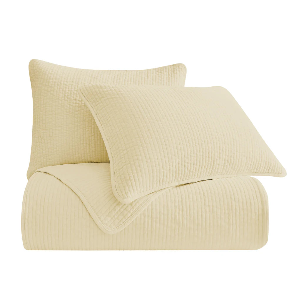 Pair of Stonewashed Light Tan Cotton Velvet Pillow Shams, featuring matching channel quilting and soft velvet fabric.