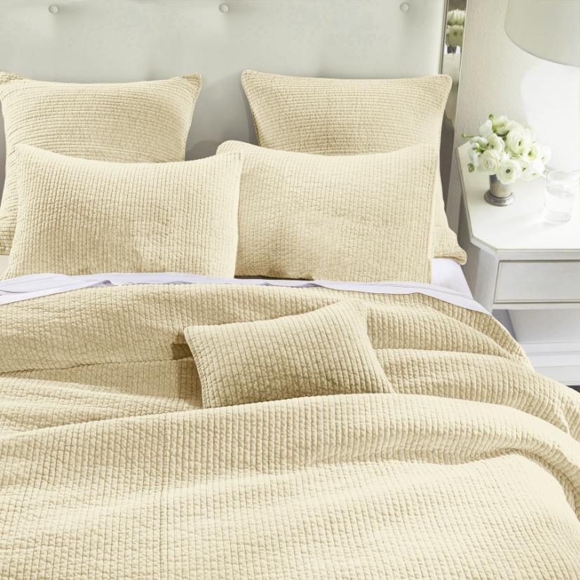 Stonewashed Light Tan Cotton Velvet Quilt Set, featuring soft cotton velvet fabric with channel quilting, displayed on a bed with matching pillow shams.