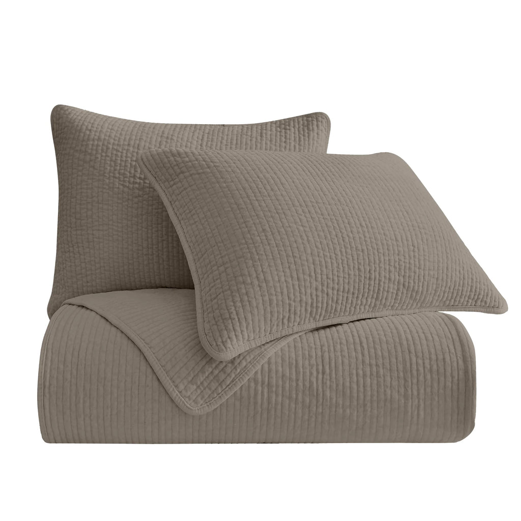 Pair of Stonewashed Taupe Cotton Velvet Pillow Shams, featuring matching channel quilting and soft velvet fabric.