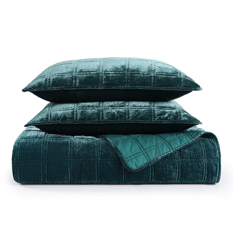 Storm Blue Faux Silk Velvet Quilt Set featuring luxurious double box stitch quilting in a deep storm blue hue.