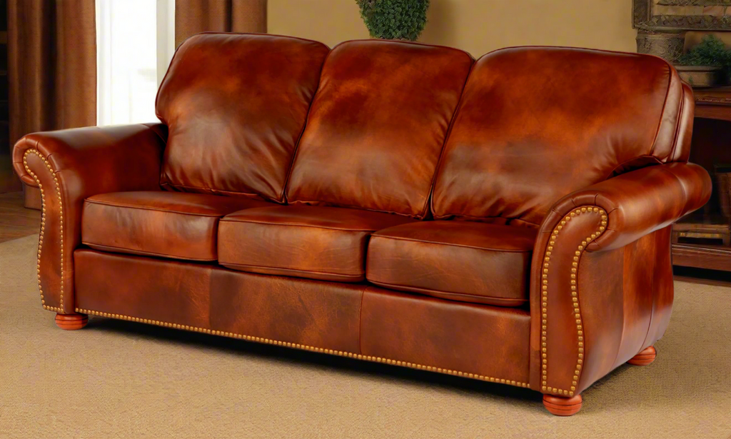 Brown leather sofa in a room with beige walls and carpet.
