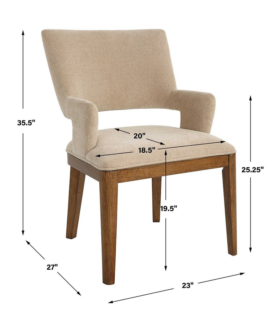 Pecan-stained wood dining chair with unique angles, sand-colored fabric, and mid-century inspired design.