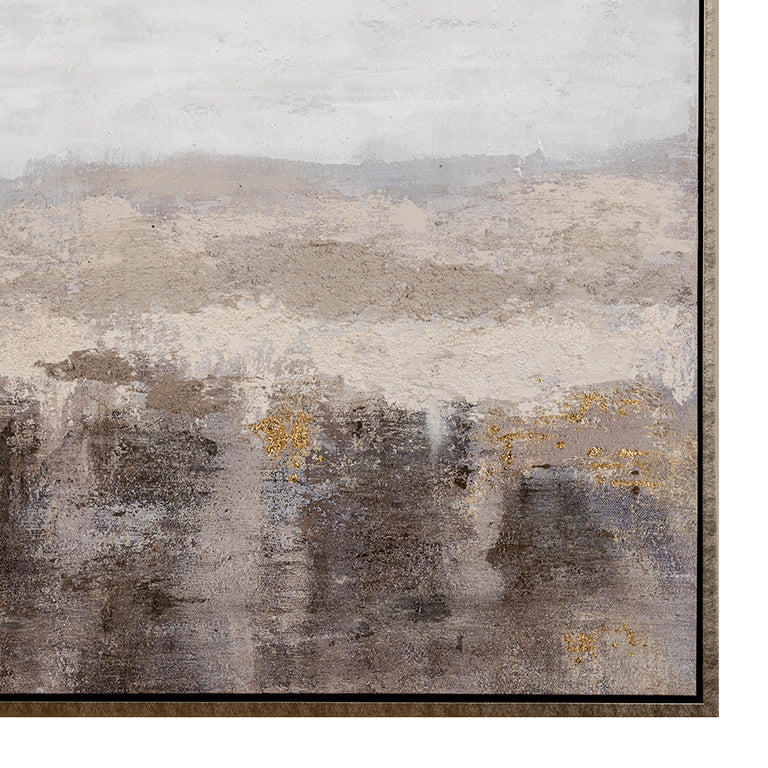 Abstract art piece with earthy tones and gold accents on a textured surface.