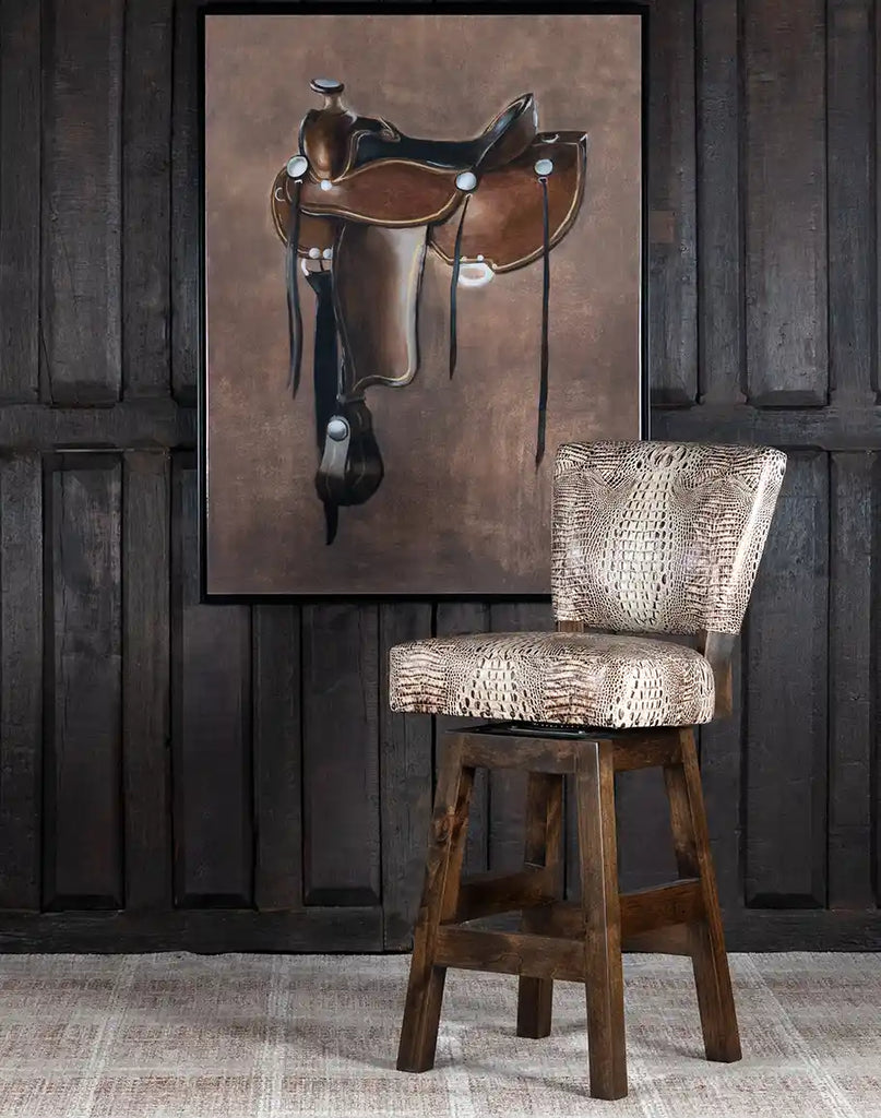 Texas Ivory Croc Armless Barstool styled in a cozy area, adding rustic elegance to the space.