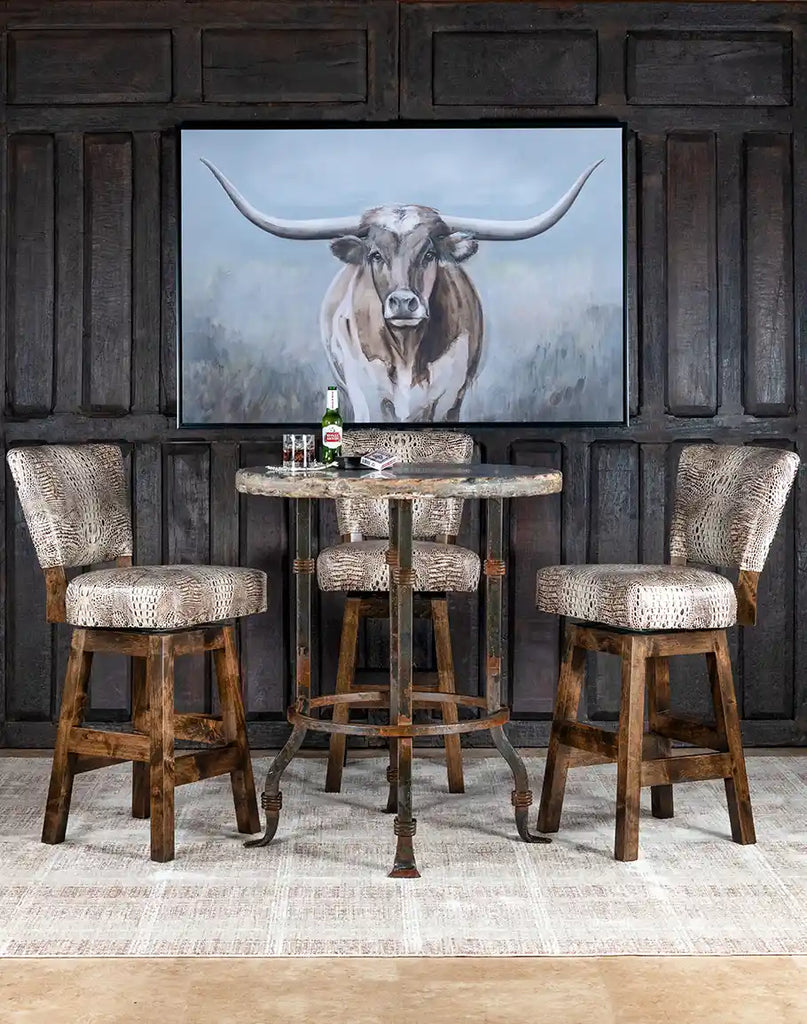 The Texas Ivory Croc Armless Barstool styled in a rustic interior space with Western-inspired decor.