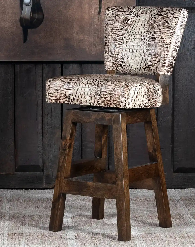 Texas Ivory Croc Armless Barstool featuring stamped ivory croc leather upholstery and solid alder wood construction.