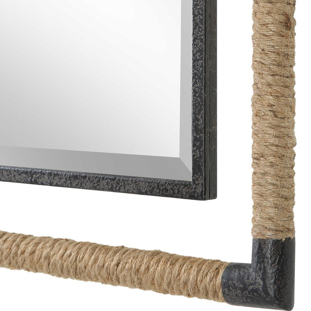 Textured black iron framed mirror with rope accents on edges