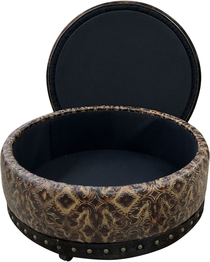 A stylish round ottoman with a hatbox-style top lifted to reveal a deep interior storage compartment, perfect for keeping essentials organized and out of sight.