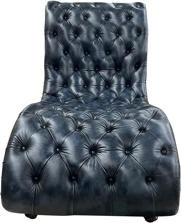 Front view of tufted chaise lounge in black leather and black buttons