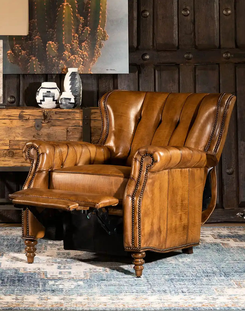 Image of the Thompson Saddle Recliner in a fully reclined position, demonstrating its smooth functionality and ultimate comfort.