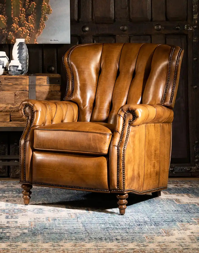 Thompson Saddle Recliner showcasing its luxurious hand-burnished Remington Tanner leather and classic design.