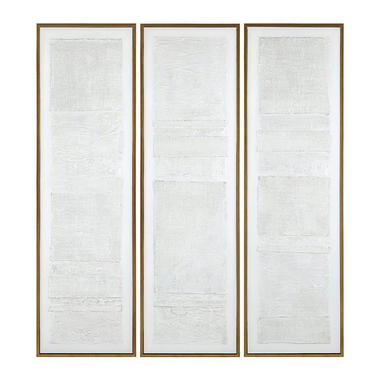 Three vertical panels with a textured white design and gold frames on a white background