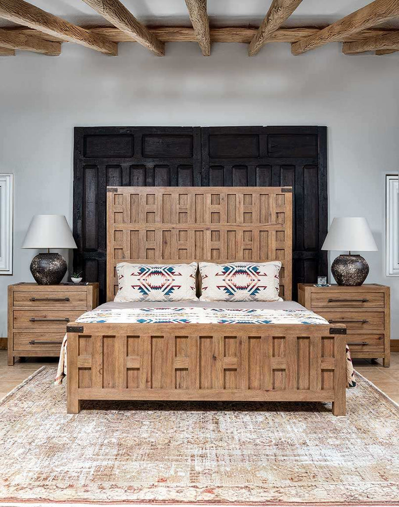 Tiara Sand Wooden Bed showcasing its solid wood construction, rustic sand finish, and intricately carved headboard design.