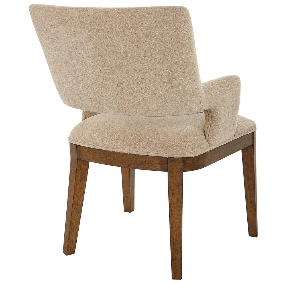 Stylish mid-century dining chair with tailored sand-colored fabric and a pecan wood finish on the legs.