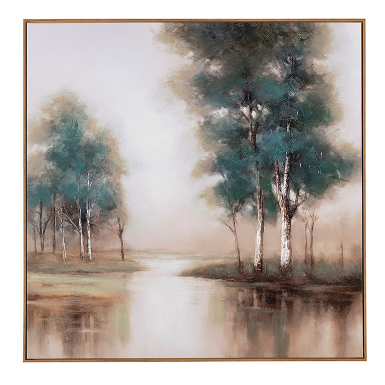 Framed artwork of trees reflected in water with a soft, blurred background