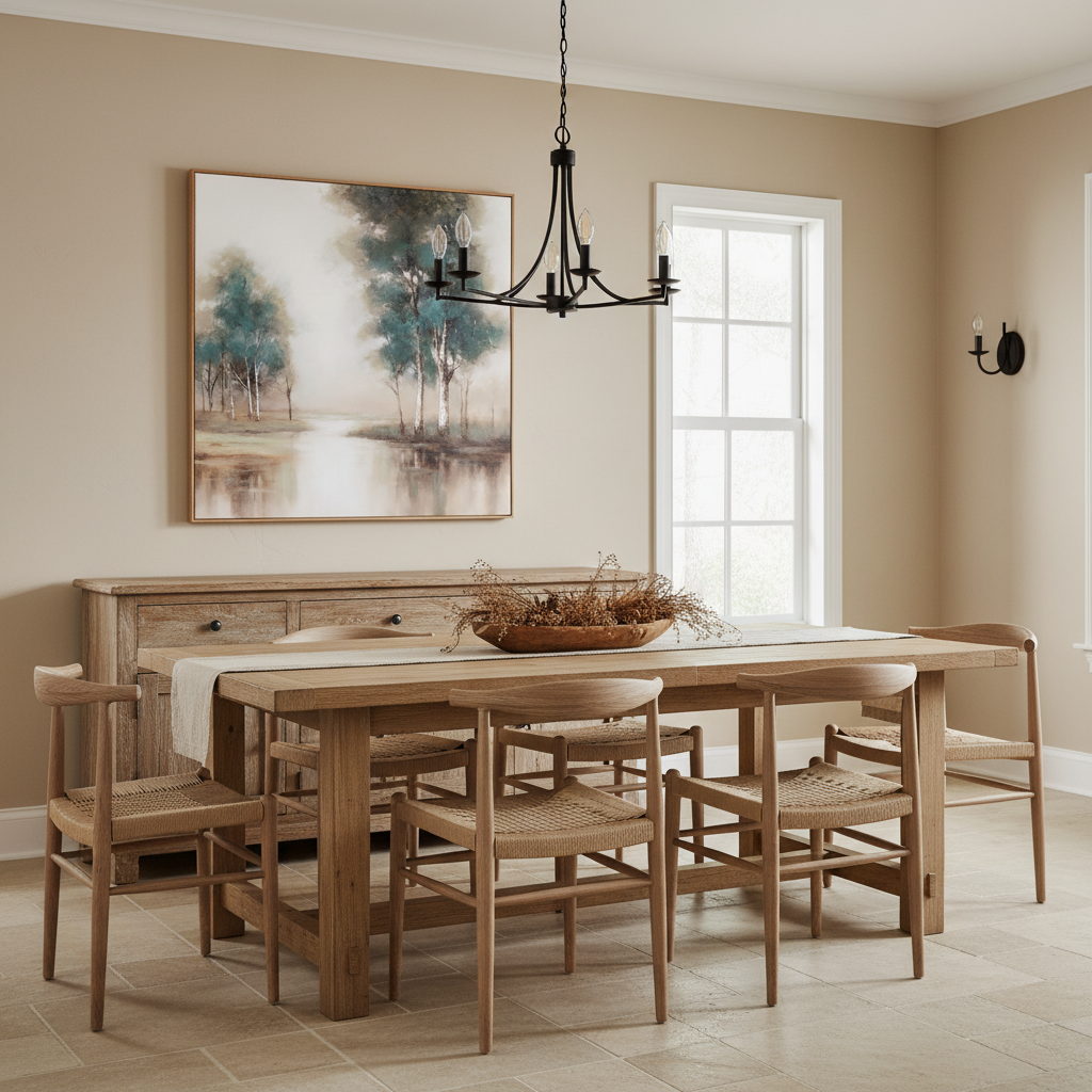 Dining room with wooden table and chairs, artwork on the wall, and a window.