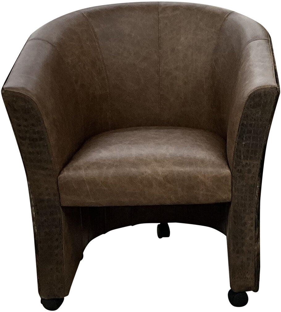 The Vegas Poker Chair in a front-facing view, showcasing Palio Rum leather upholstery, Gator Hornback Rustic Walnut leather accents, and a sturdy wooden base.