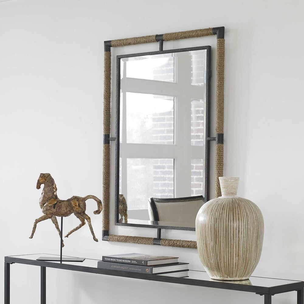 Coastal mirror design featuring rope-wrapped frame in rust black finish