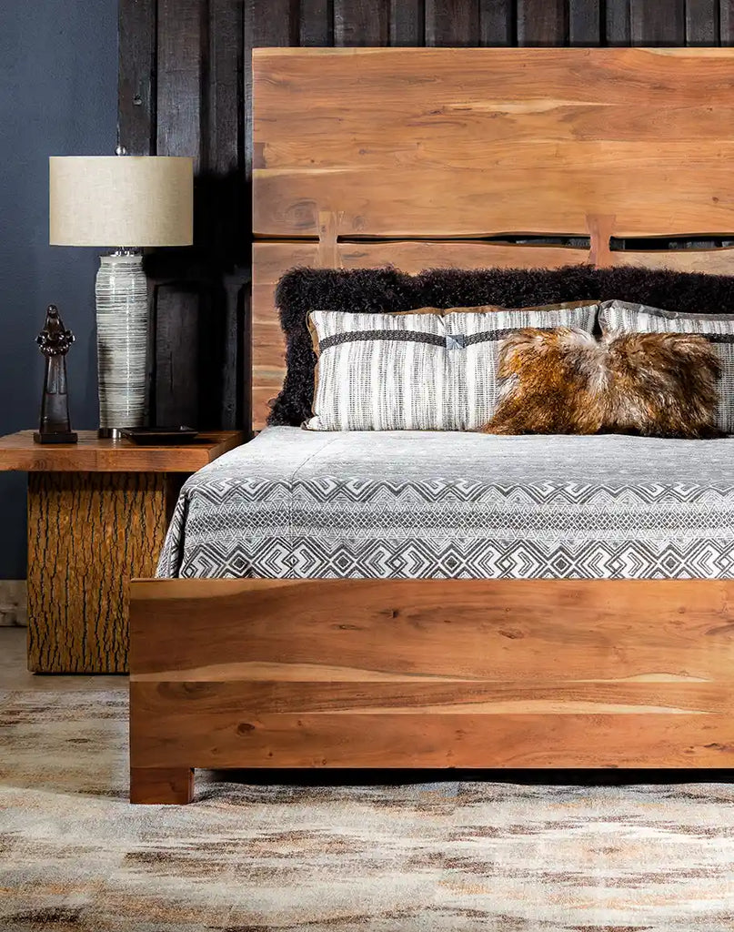 Image illustrating the sturdy construction of the bed frame, emphasizing the quality craftsmanship and durability of the live-edged Acacia wood.