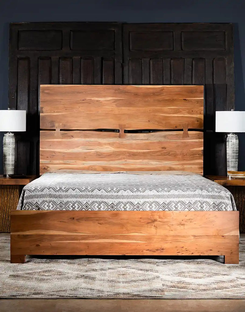 Viking Live Edge Bed showcasing its live-edged Acacia wood headboard and footboard, highlighting the natural contours and grain patterns.