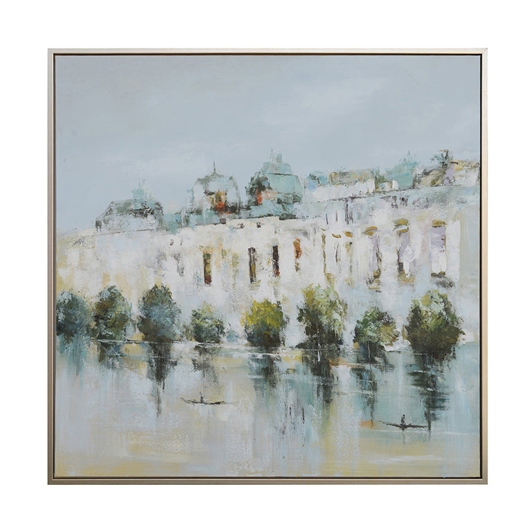 Framed painting of a cityscape with buildings and trees reflected in water