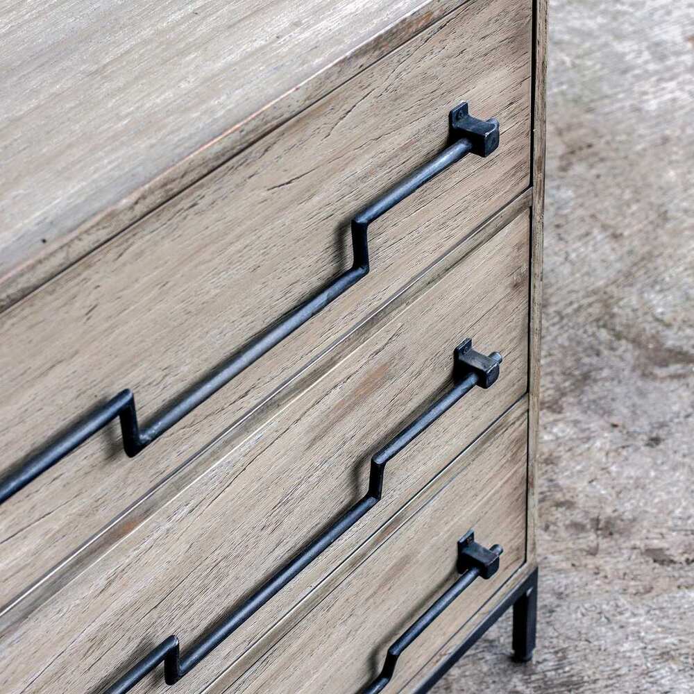 Vintage-inspired aged ivory accent chest with a weathered look and antique brass handles, perfect for adding timeless elegance to your home.