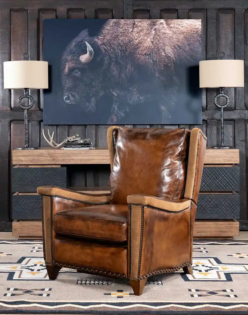 Front view of the Vlad Brown Leather Recliner showcasing its full-grain mocha leather upholstery and polished nailhead trim.