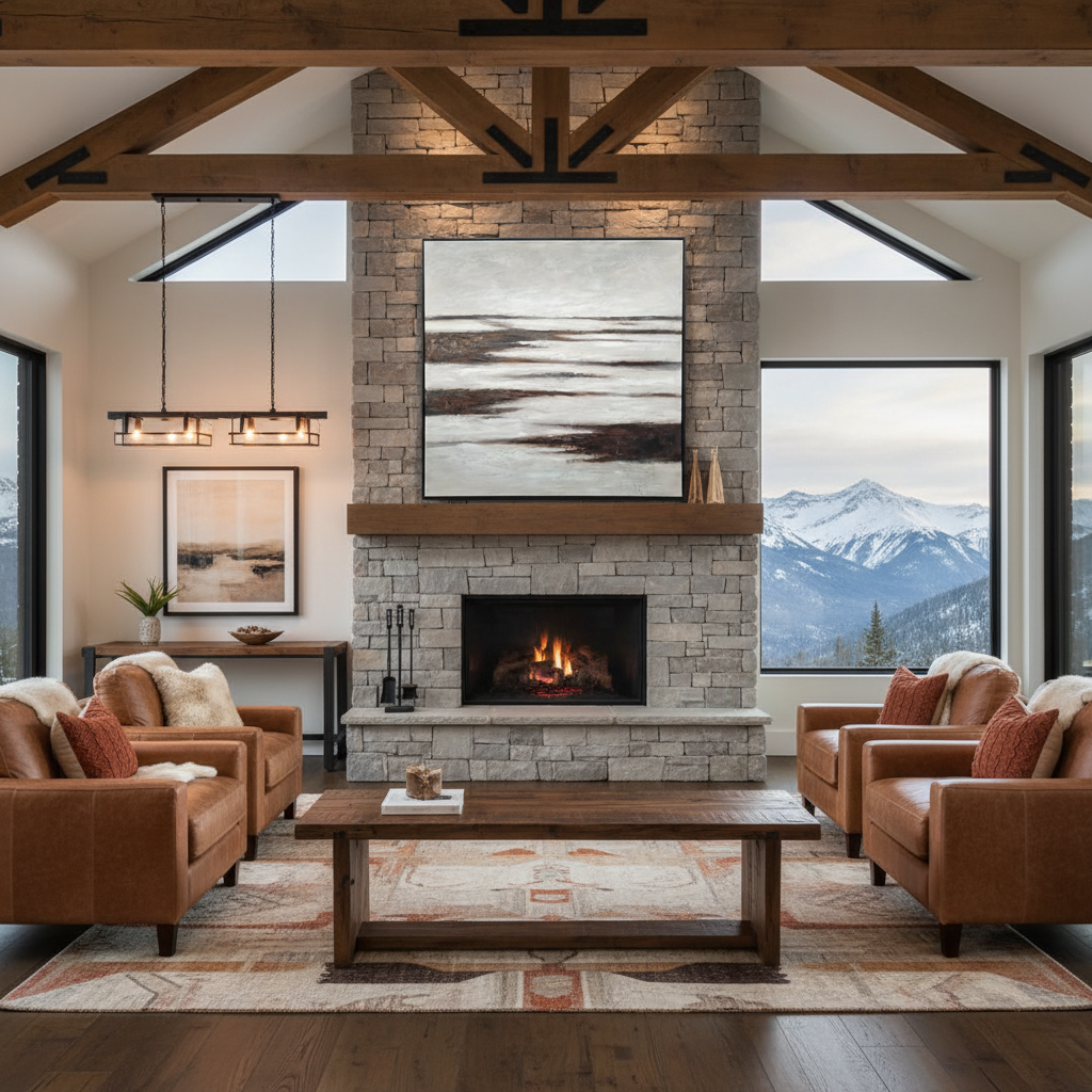 Cozy living room with stone fireplace, brown leather chairs, and mountain view.