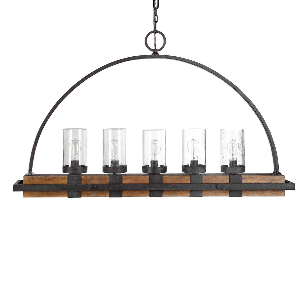 Rustic 5-light chandelier featuring a mid-tone wood base and weathered bronze iron accents.