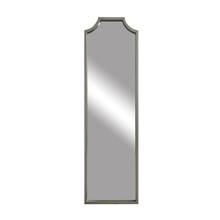 Tall, narrow mirror with a decorative frame on a white background