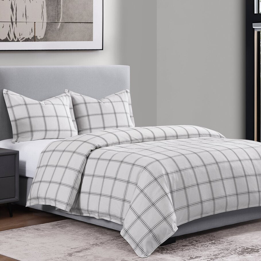 Windowpane Plaid White Lodge Comforter Set paired with two matching pillow shams.
