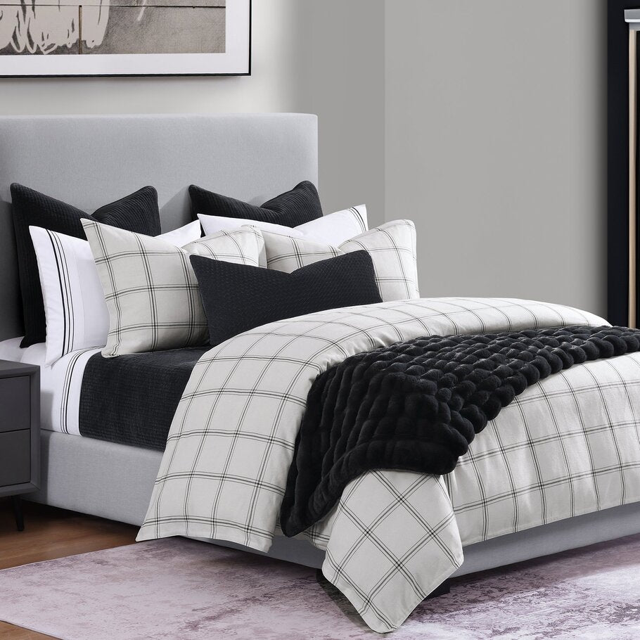 Windowpane Plaid White Lodge Comforter Set paired with matching pillow shams and faux fur throws, creating a cohesive and inviting lodge-inspired look.