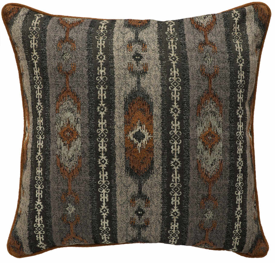 Wooded River Kinsale Oxford Alt Euro Sham in Sonora Stone fabric, featuring a Southwestern-inspired pattern in grey-blue, cream, tan, and taupe with welted edges and hidden zipper closure.