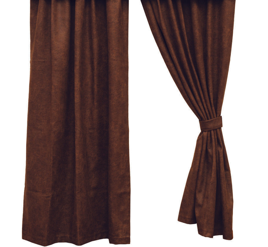 Kinsale Oxford single drape panel in distressed Faux Leather Bourbon, featuring a warm rustic brown tone with 3-inch rod pocket and 1.5-inch header for easy hanging.