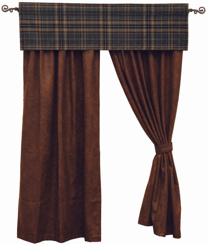 Wooded River Kinsale Oxford Drape Set in distressed Faux Leather Bourbon, featuring two panels with 3-inch rod pockets, 1.5-inch headers, and matching tiebacks.