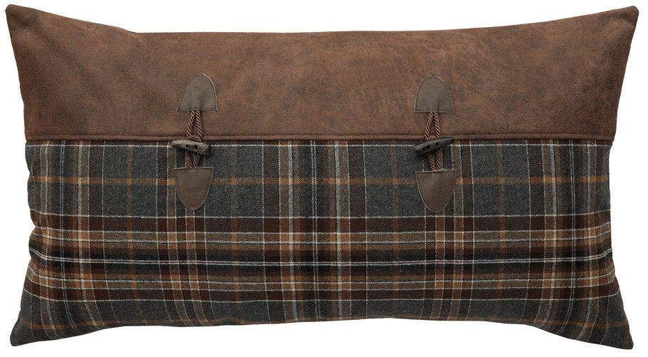 King size of the Wooded River Kinsale Oxford Lodge Pillow Sham, showcasing its classic plaid pattern in deep navy blue, rich browns, warm tans, sleek black, and subtle white accents.