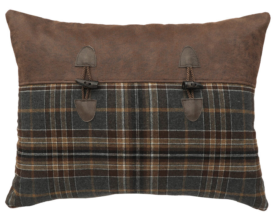 Standard size of the Wooded River Kinsale Oxford Lodge Pillow Sham, showcasing its classic plaid pattern in deep navy blue, rich browns, warm tans, sleek black, and subtle white accents.