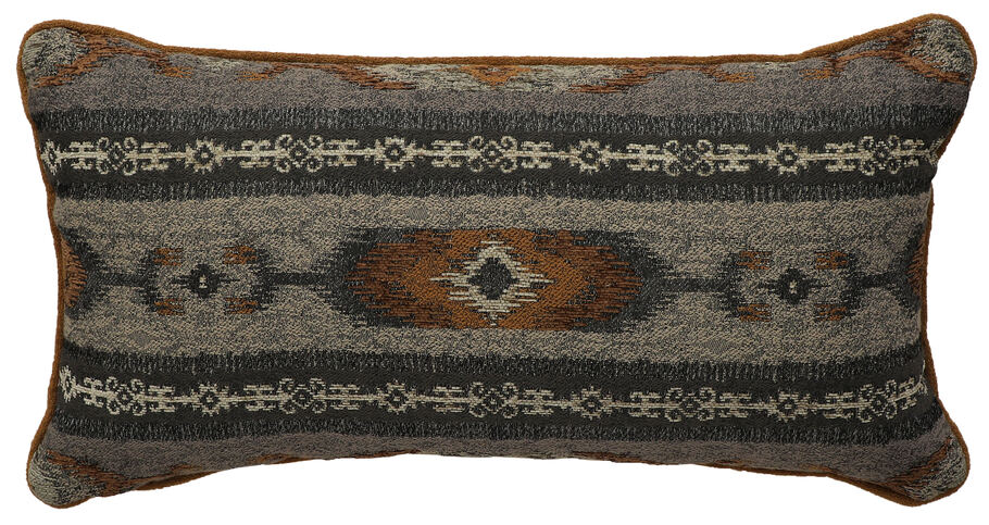 Wooded River Kinsale Oxford 14x26 decorative pillow in Sonora Stone fabric, featuring a Southwestern-inspired pattern in grey-blue, cream, tan, and taupe with welted edges and included pillow form.