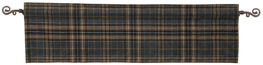 Wooded River Kinsale Oxford Valance featuring a classic plaid pattern in navy, brown, tan, black, and white with a 3-inch rod pocket and 1.5-inch header.