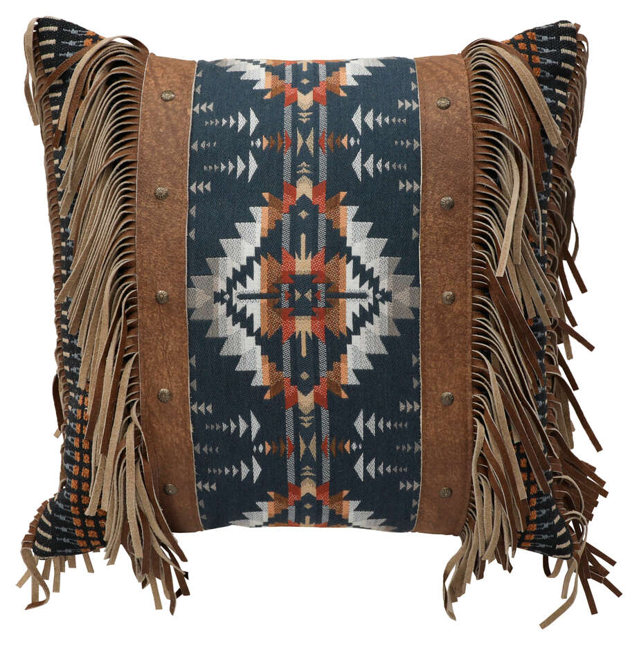 Wooded River Moreno Midnight 18x18 Pillow featuring Juniper Mesa Indigo Sunbrella fabric in navy, indigo, rust, and brown tones, with genuine leather fringe and a plush polyester insert; rustic and durable accent pillow.