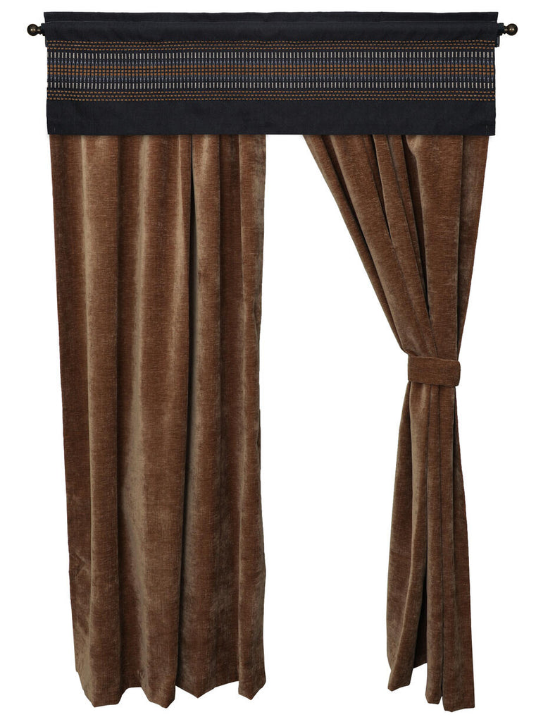 Wooded River Moreno Midnight Drape Set in rich rust-brown 100% polyester with textured finish, featuring two panels with 3-inch rod pockets, 1.5-inch headers, and matching tiebacks; coordinates with Moreno Midnight bedding.
