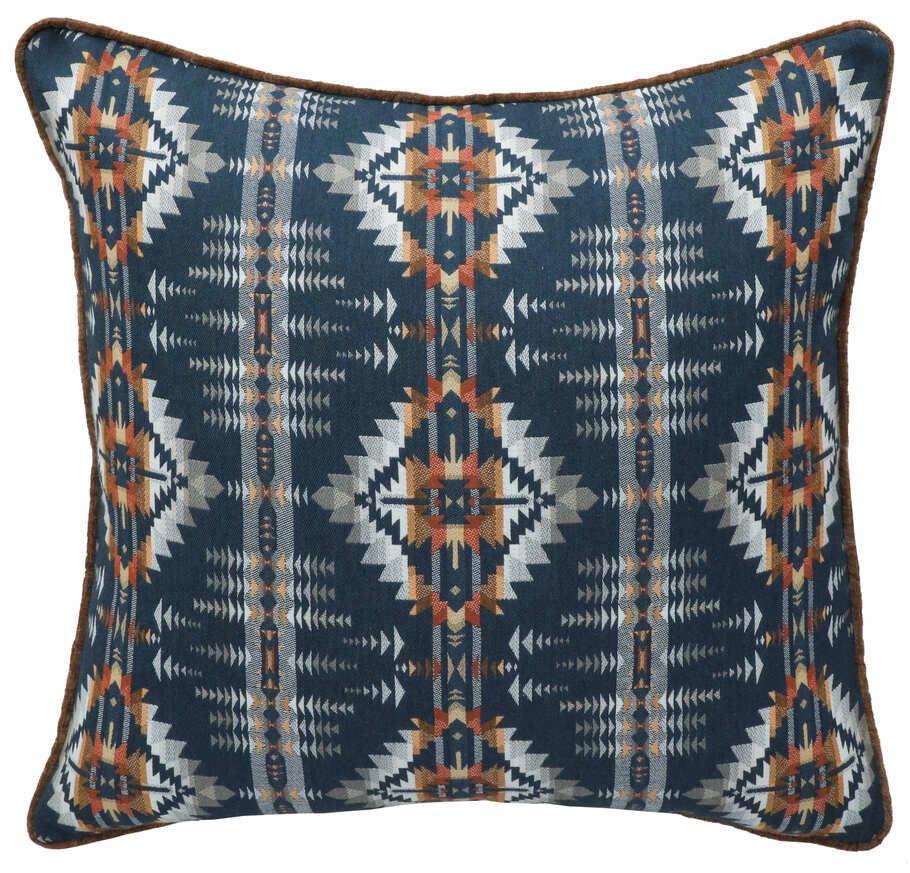 Wooded River Moreno Midnight Euro Sham featuring bold Southwestern design in Juniper Mesa Indigo fabric, with navy, indigo, brown, white, and taupe tones; includes zipper closure and coordinates with Moreno Midnight bedding.