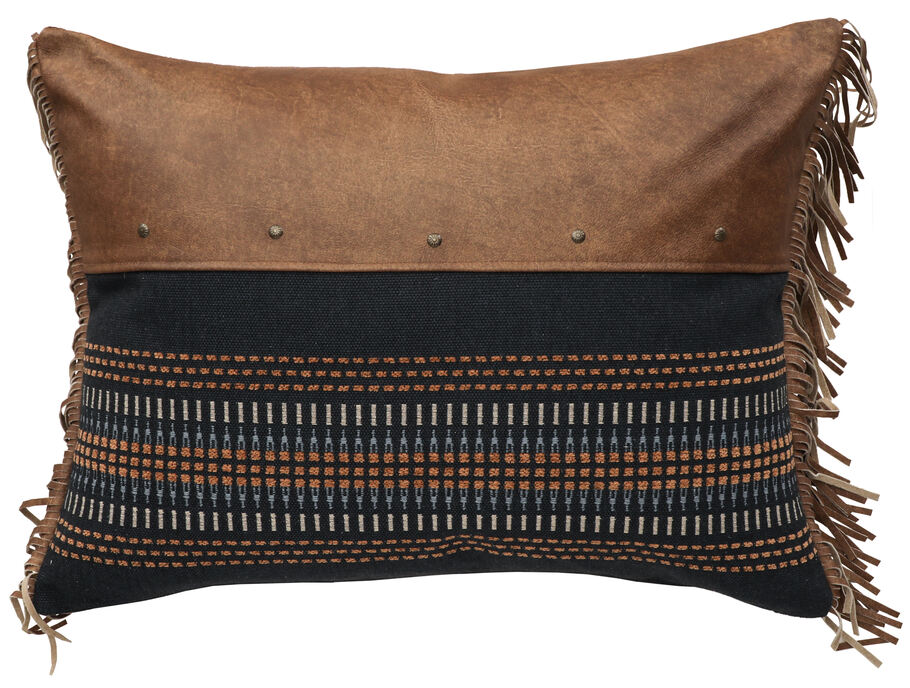 Wooded River Moreno Midnight Pillow Sham with textured recycled fabric in brown, cream, and navy blue, featuring Contessa Ginger top panel, genuine leather fringe, antique nailhead accents, and discreet zipper closure.