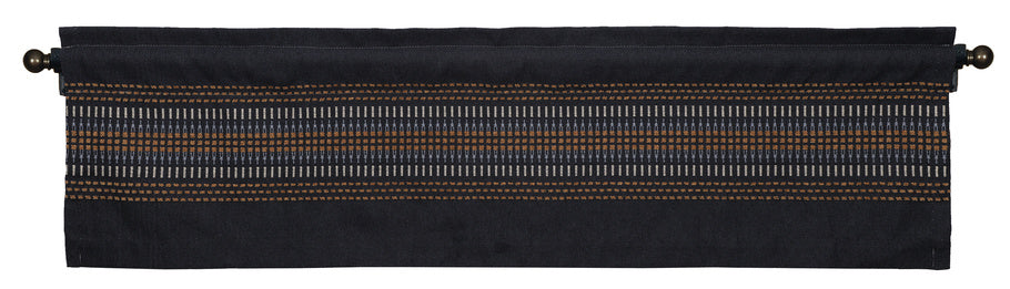 Wooded River Moreno Midnight Valance made from eco-friendly recycled fabric blend, featuring indigo, midnight blue, cream, and tan tones with a 3-inch rod pocket and 1.5-inch header for easy hanging.