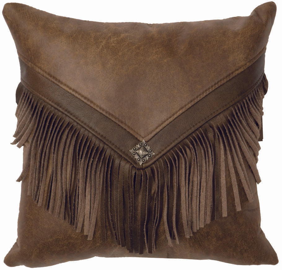Wooded River Paloma Earth 16x16 decorative pillow featuring a Silt faux leather cover with rustic fringe detailing, knife-edge design, and zipper closure; styled in earthy tones for a cohesive look with Paloma Earth bedding.