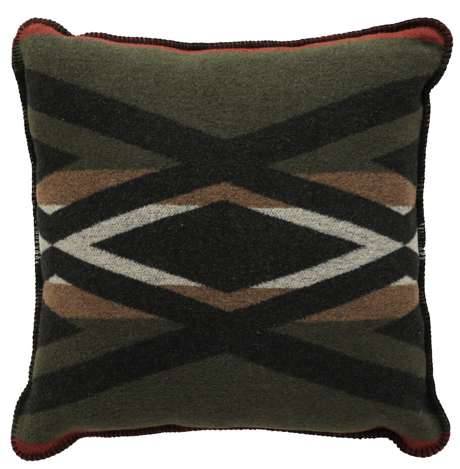 Wooded River Paloma Earth 20x20 Pillow featuring a warm, earthy palette of Spice, Sage, and Camel with hints of tan, black, and red; made from a soft, washable wool blend with included pillow insert, perfectly complementing the Paloma Earth bedding collection.