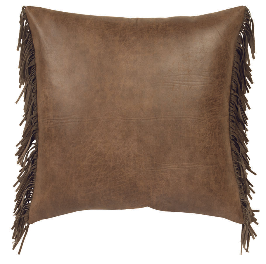 Wooded River Paloma Earth Alt Euro Sham featuring soft Silt faux leather in a rich brown tone with genuine Caribou Leather fringe, knife-edge design, and zipper closure—rustic luxury for Southwestern or lodge-style bedding.