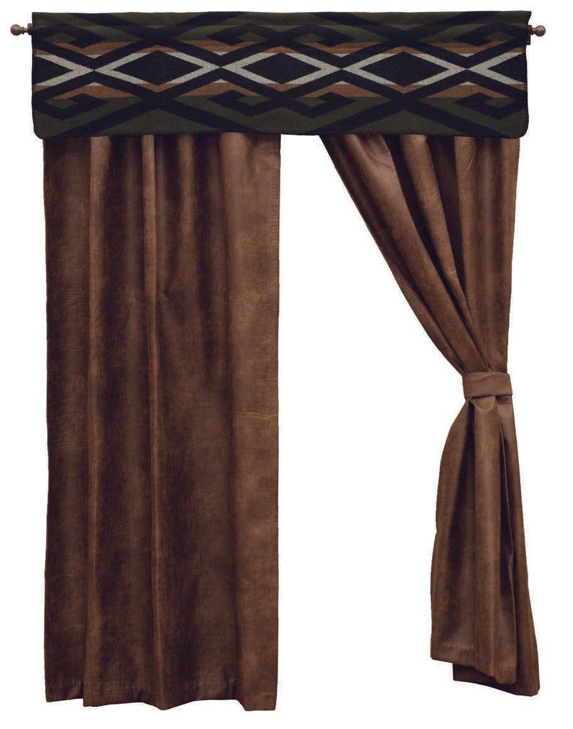 Wooded River Paloma Earth Drape Set featuring two faux leather panels in distressed brown with a rustic, aged leather appearance, accented by a 3-inch rod pocket and 1.5-inch header, includes matching tiebacks, perfect for cozy Western or cabin-inspired decor.