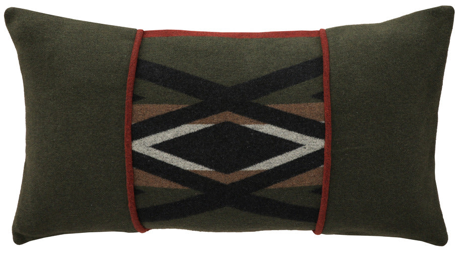 Wooded River Paloma Earth Pillow Sham featuring a rich Southwestern-inspired color palette of Spice, Sage, and Camel with hints of tan, black, and red; made from a washable wool blend for lasting comfort and style.